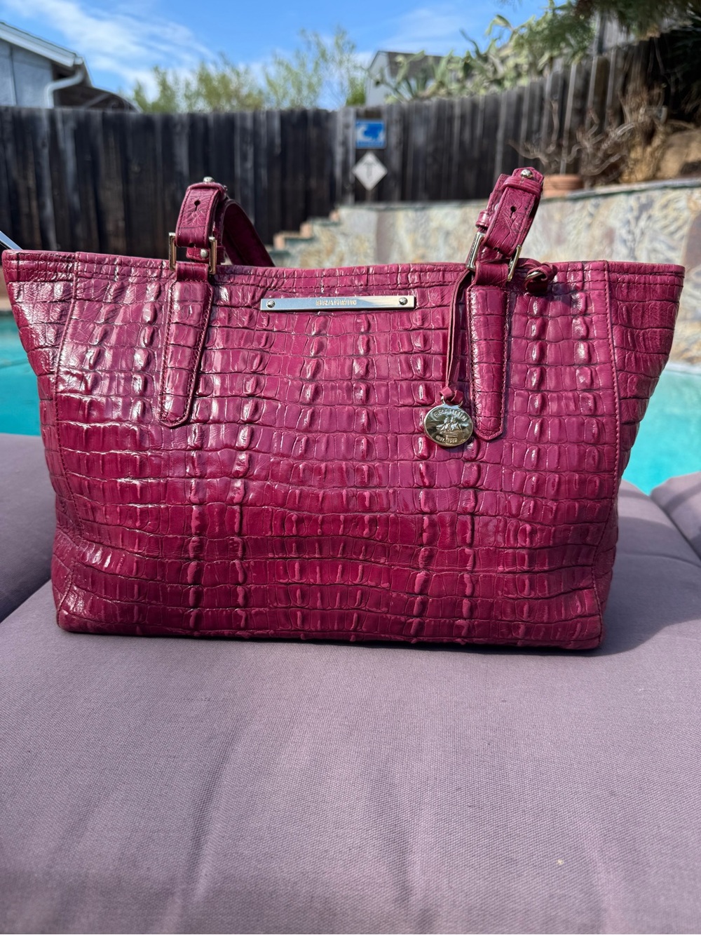 Brahmin Medium Arno Berry Pink Croc Embossed Leather Tote Bag GUC
